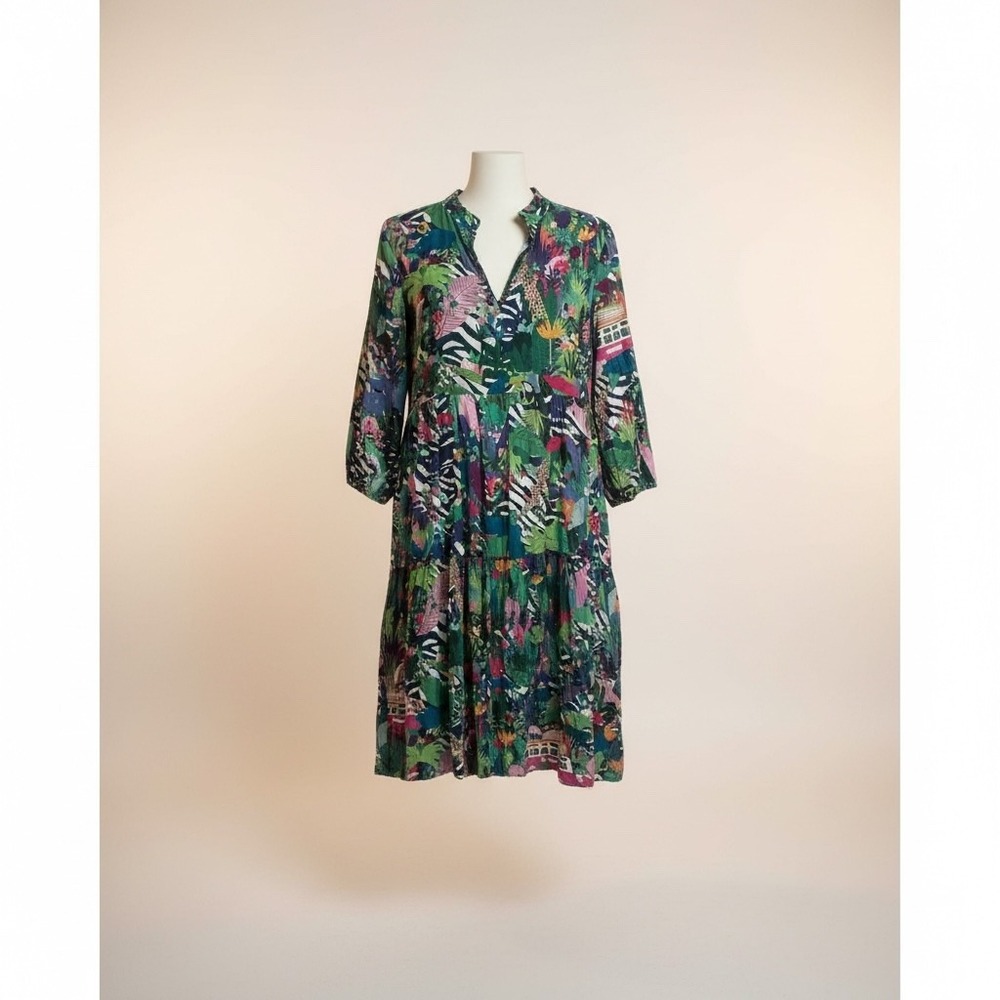 Vilagallo Tropical Jungle‎ Safari Tiered Midi Dress Green Multi Pockets Size 38